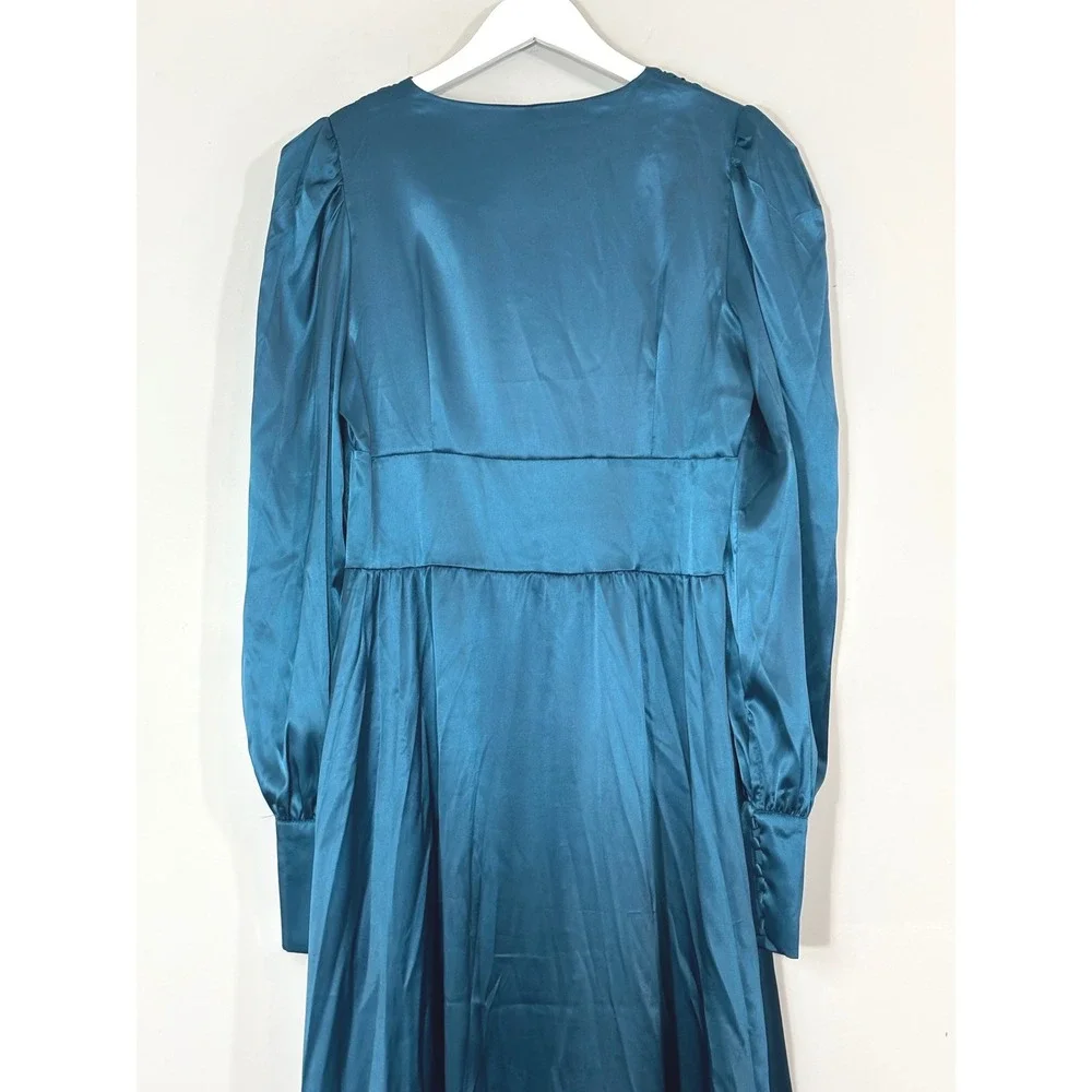 Colon Diana Teal Satin Bishop Sleeve Button Front Midi Dress Womens - Picture 10 of 16